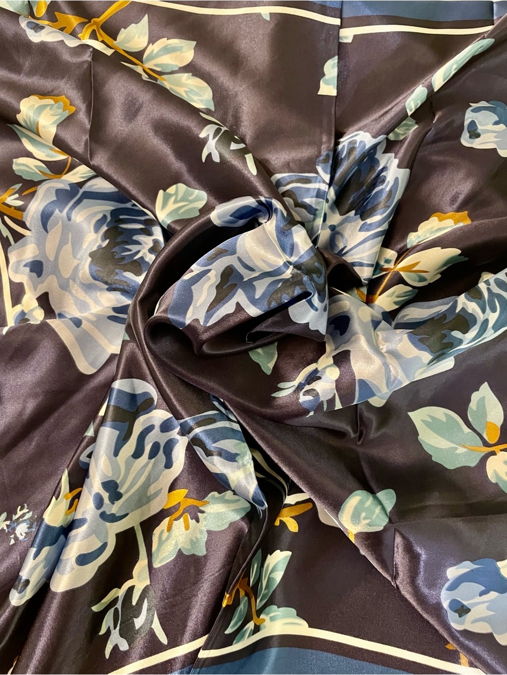 Elegant Silk Feel Blue on Blue Floral Satin Scarf - Picture 2 of 5